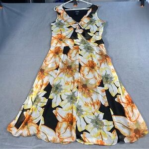 Eva Blue Women’s Yellow & Black Floral Sleeveless Dress, Ruffle V-neck, size 14